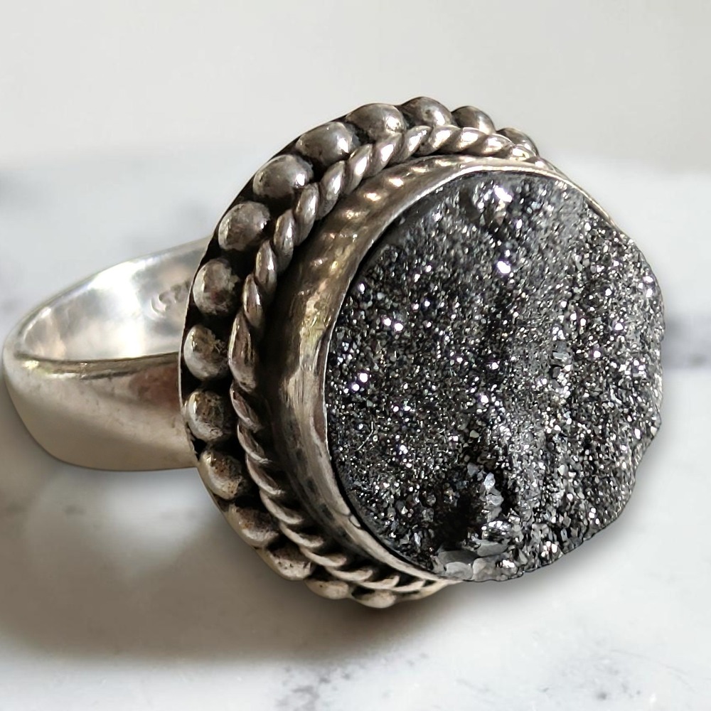 Vintage Sterling Silver Druzy Agate Ring Beaded Bubble Border Size 7